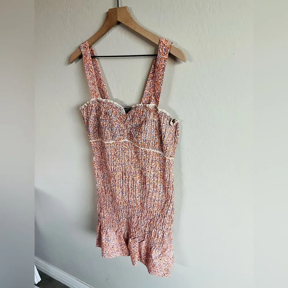 Zara Women’s Orange Floral Ruffle Smocked Mini Bodycon Boho Dress NWOT Size L - Picture 2 of 8